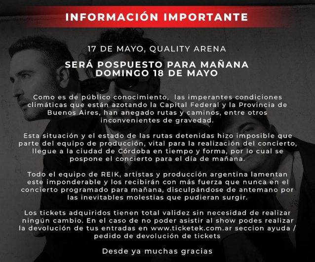 Reik reprograma show en Córdoba por el clima severo